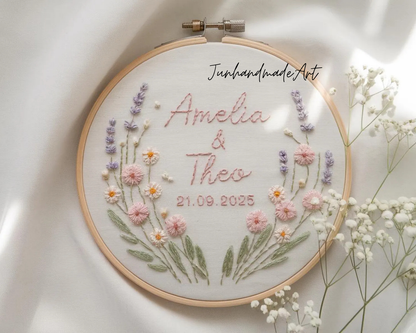 Custom Wedding Embroidery Hoop with Flowers and Names – Personalized Hand Embroidered Wildflowers Gift for Couple, Anniversary
