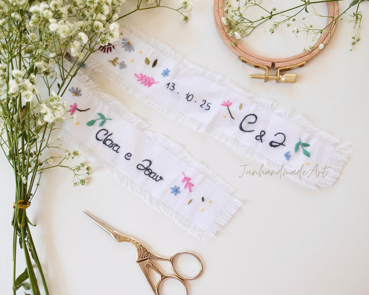 Personalized Embroidered Wedding Ribbon – Custom Linen Tie for Bouquet or Hair, Hand-stitched with Names & Date, Bridal Keepsake Gift