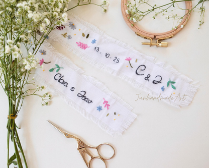Personalized Embroidered Wedding Ribbon – Custom Linen Tie for Bouquet or Hair, Hand-stitched with Names & Date, Bridal Keepsake Gift