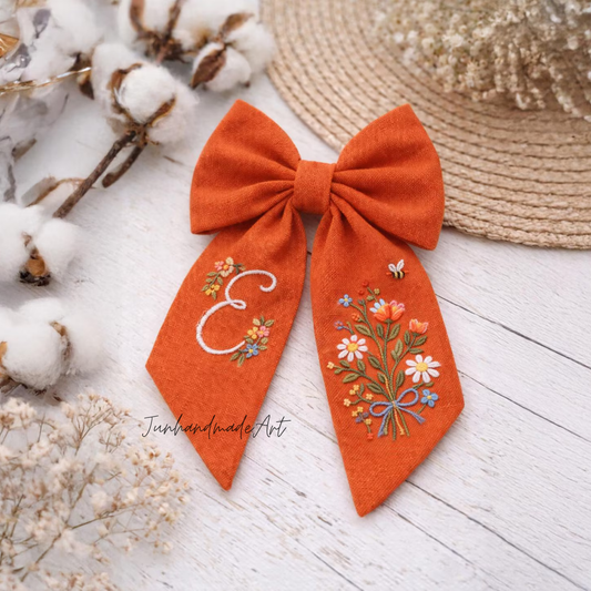 Personalized Linen Hair Bow – Hand Embroidered Flower Bow with Initial – Custom Name Text Bow for Girls, Handmade Hairpin Bow for Girl