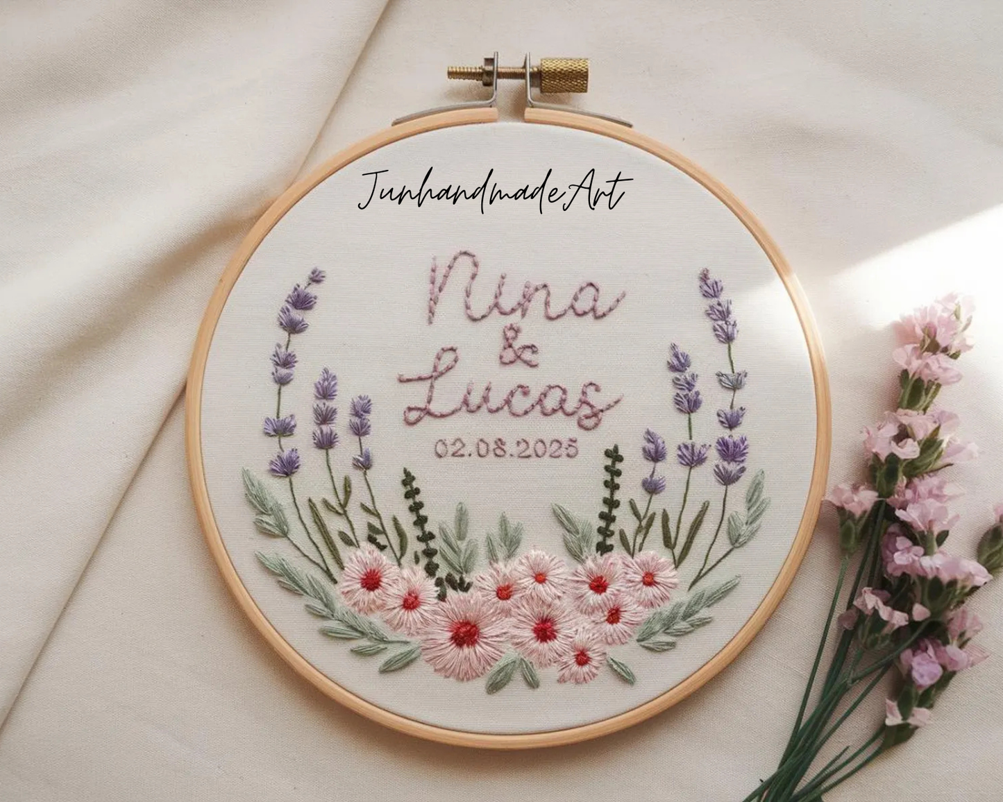 Custom Wedding Embroidery Hoop with Flowers and Names – Personalized Hand Embroidered Wildflowers Gift for Couple, Anniversary