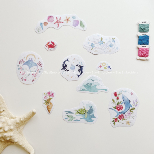 Blue Dolphin Whale Shark Ocean Animals Embroidery Pattern For Beginner Easy To Use Stick and Stitch