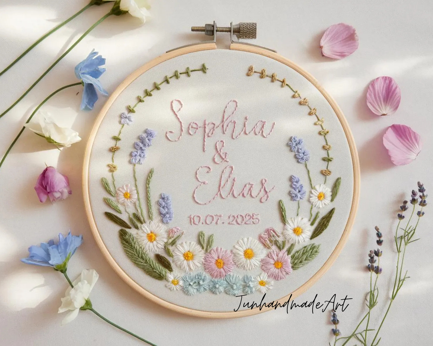 Custom Wedding Embroidery Hoop with Flowers and Names – Personalized Hand Embroidered Wildflowers Gift for Couple, Anniversary
