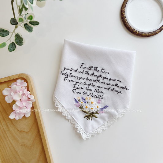 Lavender Daisy Bouquet Wedding Handkerchief, Custom Embroidered Handkerchief, Linen Handkerchiefs