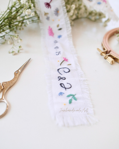 Personalized Embroidered Wedding Ribbon – Custom Linen Tie for Bouquet or Hair, Hand-stitched with Names & Date, Bridal Keepsake Gift