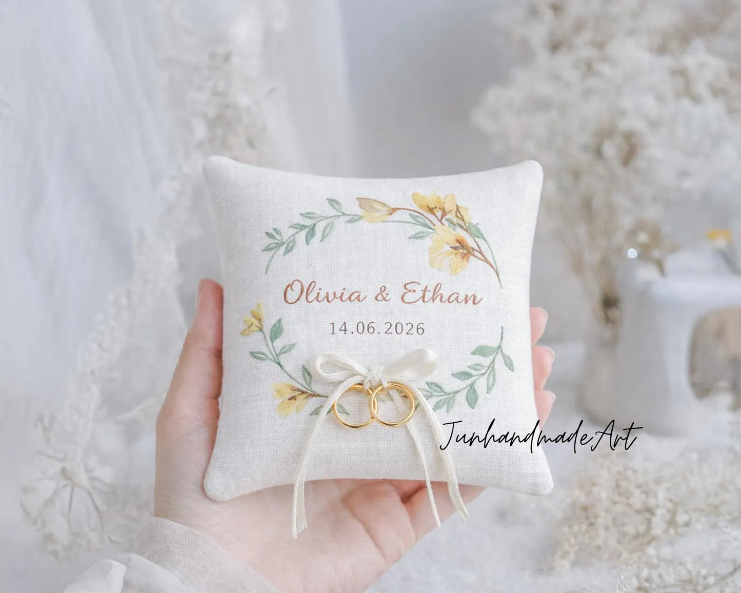Personalized Embroidered Ring Bearer Pillow, Custom Linen Wedding Cushion, Hand Embroidery Ring Holder, Floral Ring Pillow, Wedding Gift