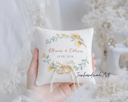 Personalized Embroidered Ring Bearer Pillow, Custom Linen Wedding Cushion, Hand Embroidery Ring Holder, Floral Ring Pillow, Wedding Gift