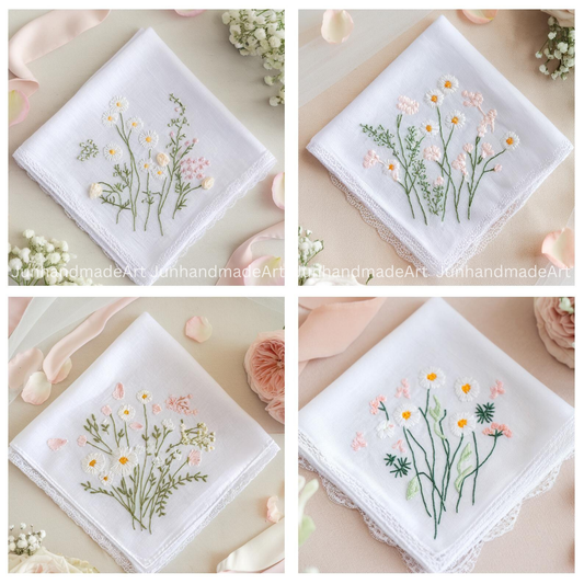 Embroidered Wedding Handkerchief – Custom Floral Hankie for Bride, Bridal Gift, Personalized with Name & Date, Gift for Bride