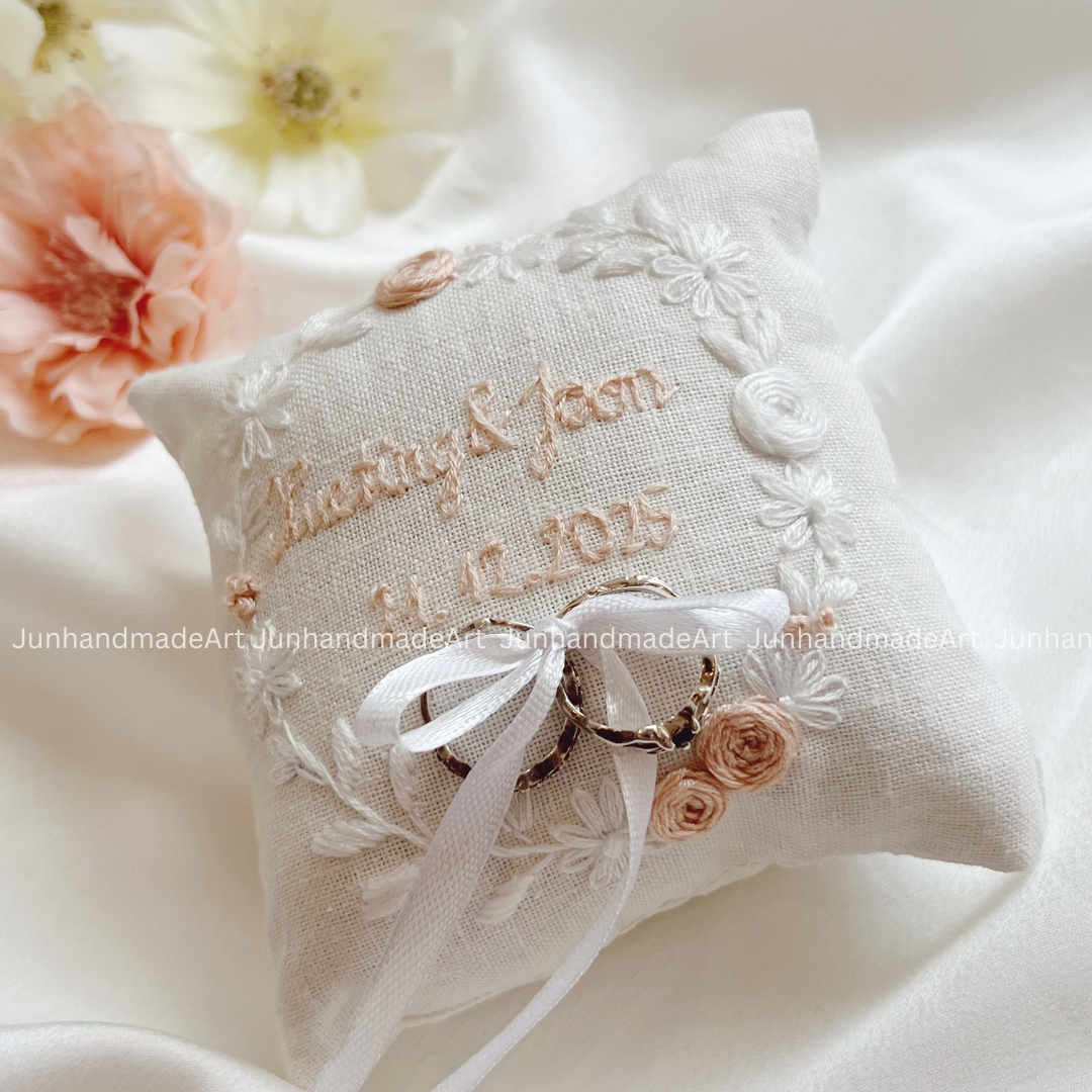 Classy Flowers Bearer Pillow Linen Wedding Cushion Hand Embroidery Ring Holder Floral Ring Pillow Wedding Gift