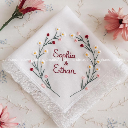Embroidered Wedding Handkerchief – Custom Floral Hankie for Bride, Bridal Gift, Personalized with Name & Date, Gift for Bride