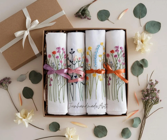 Set 4 Embroidered Linen Napkins – Wildflower Bouquet Design | 100% Linen Cloth Napkins | Wedding, Housewarming, Wedding Gift