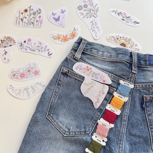 Jeans Pocket Flower Embroidery Pattern, Stick and Stitch Transfer, Water Soluble Pattern for Beginners