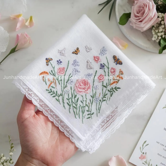 Embroidered Wedding Handkerchief – Custom Floral Hankie for Bride, Bridal Gift, Personalized with Name & Date, Gift for Bride