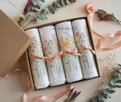 Set 4 Embroidered Linen Napkins – Wildflower Bouquet Design | 100% Linen Cloth Napkins | Wedding, Housewarming, Wedding Gift