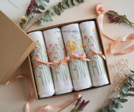Set 4 Embroidered Linen Napkins – Wildflower Bouquet Design | 100% Linen Cloth Napkins | Wedding, Housewarming, Wedding Gift