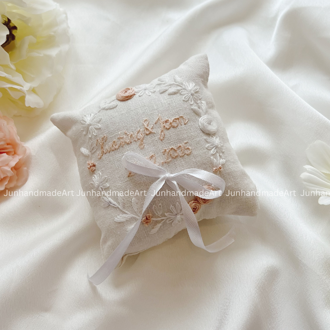 Classy Flowers Bearer Pillow Linen Wedding Cushion Hand Embroidery Ring Holder Floral Ring Pillow Wedding Gift