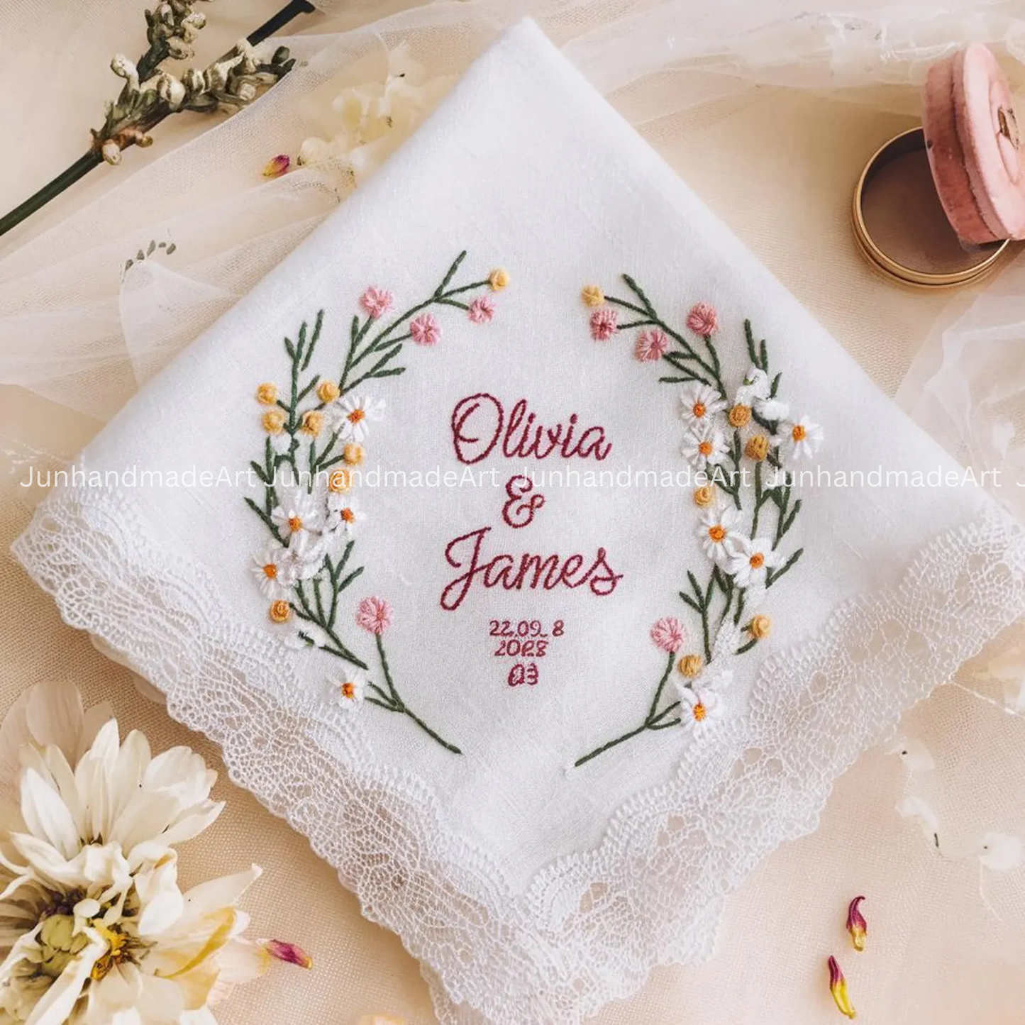 Embroidered Wedding Handkerchief – Custom Floral Hankie for Bride, Bridal Gift, Personalized with Name & Date, Gift for Bride