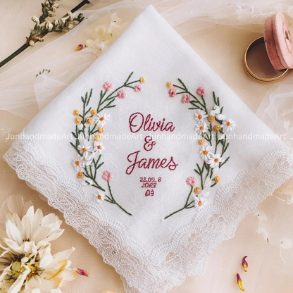 Embroidered Wedding Handkerchief – Custom Floral Hankie for Bride, Bridal Gift, Personalized with Name & Date, Gift for Bride