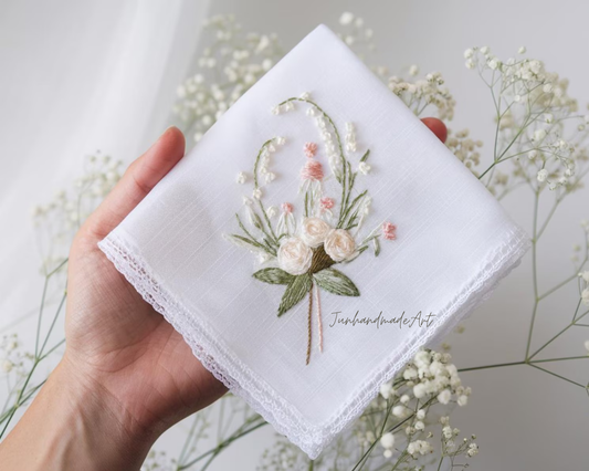 Embroidered Wedding Handkerchief – Custom Floral Hankie for Bride, Bridal Gift, Personalized with Name & Date, Gift for Bride