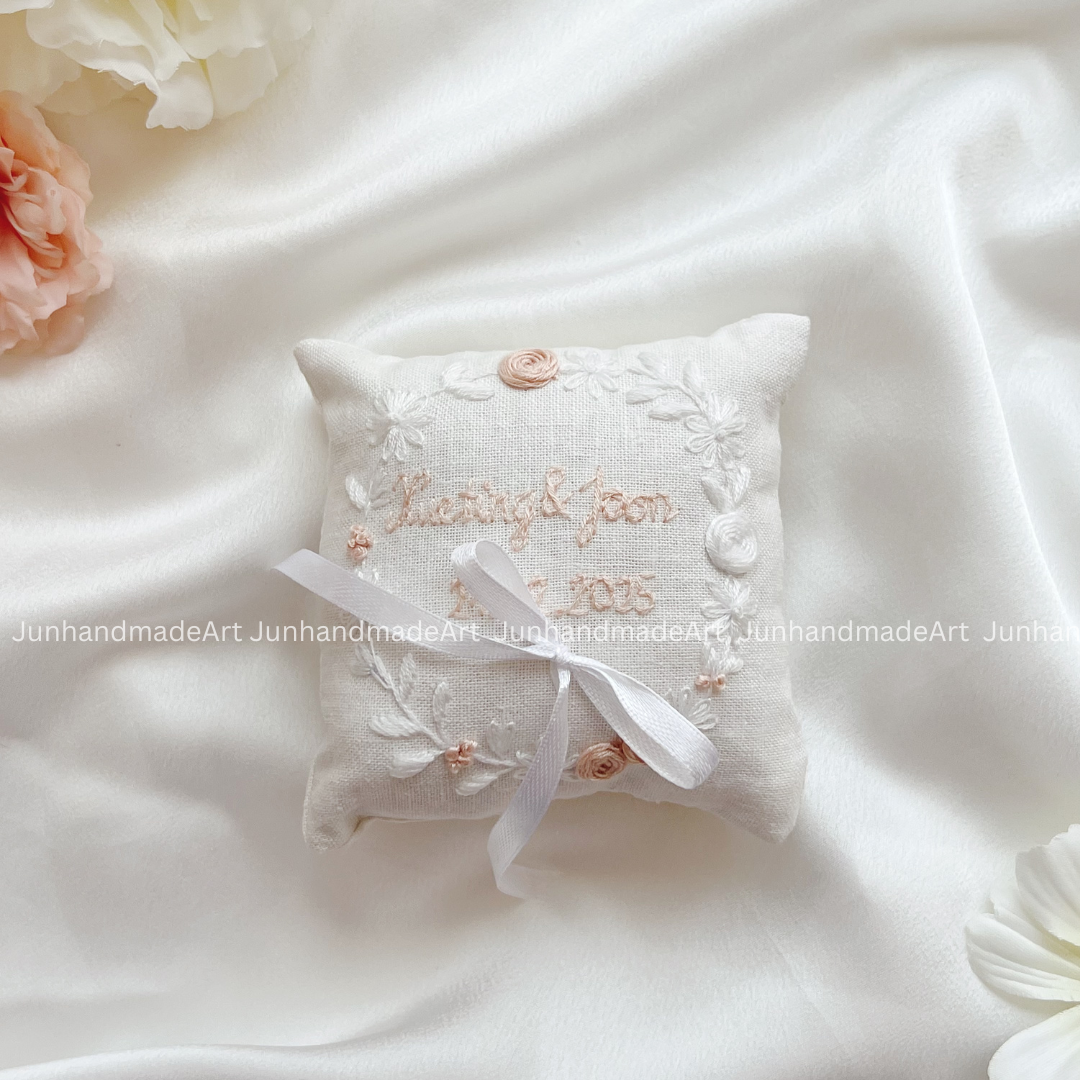 Classy Flowers Bearer Pillow Linen Wedding Cushion Hand Embroidery Ring Holder Floral Ring Pillow Wedding Gift