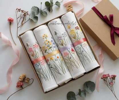 Set 4 Embroidered Linen Napkins – Wildflower Bouquet Design | 100% Linen Cloth Napkins | Wedding, Housewarming, Wedding Gift