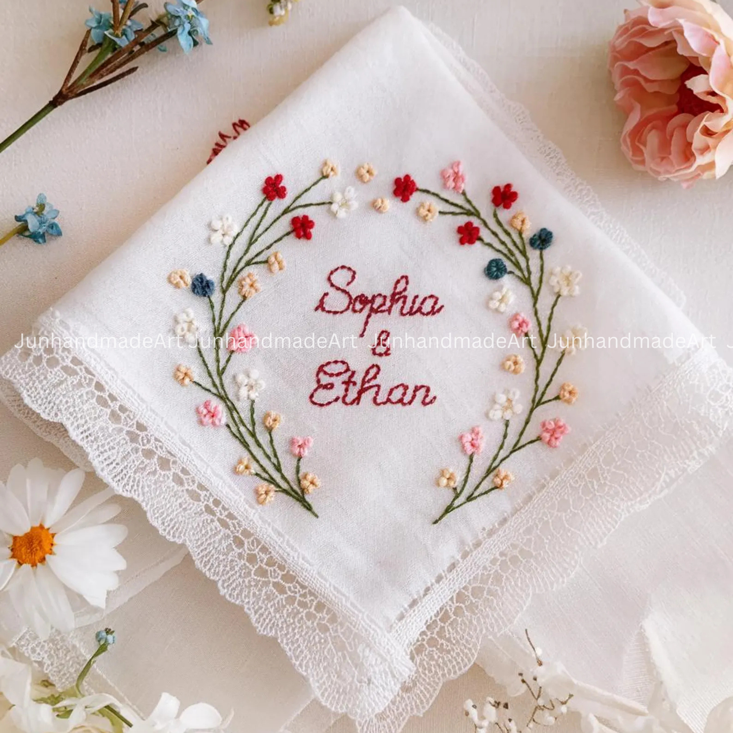 Embroidered Wedding Handkerchief – Custom Floral Hankie for Bride, Bridal Gift, Personalized with Name & Date, Gift for Bride