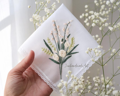 Embroidered Wedding Handkerchief – Custom Floral Hankie for Bride, Bridal Gift, Personalized with Name & Date, Gift for Bride
