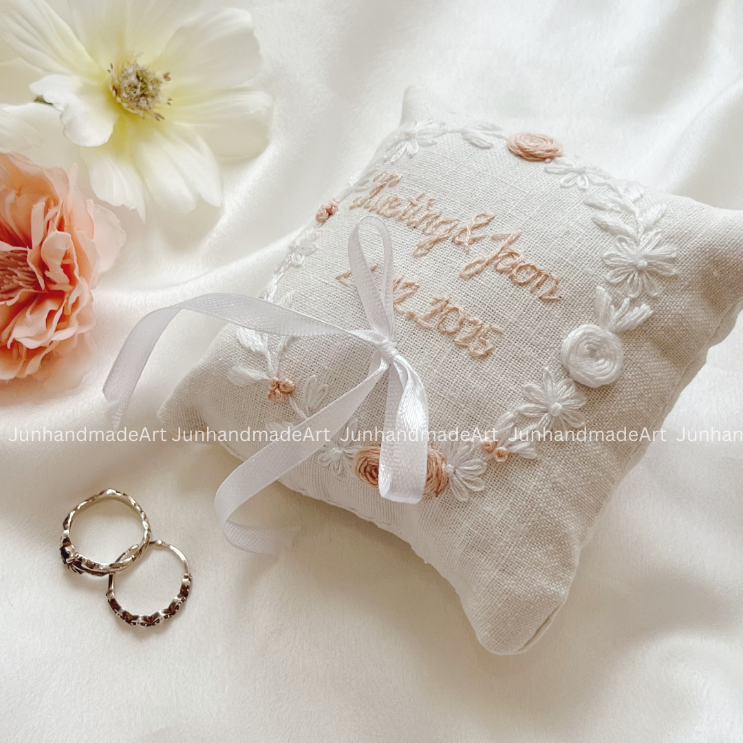 Classy Flowers Bearer Pillow Linen Wedding Cushion Hand Embroidery Ring Holder Floral Ring Pillow Wedding Gift