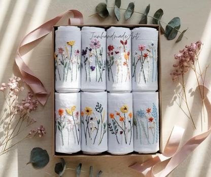 Set 8 Embroidered Linen Napkins – Wildflower Bouquet Design | 100% Linen Cloth Napkins | Wedding, Housewarming, Wedding Gift