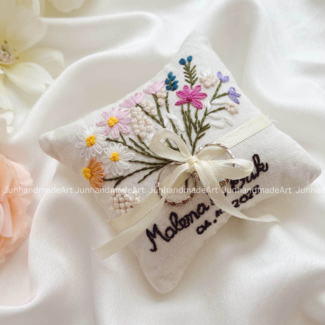 Colorful Wild Flowers Bearer Pillow Linen Wedding Cushion Hand Embroidery Ring Holder Floral Ring Pillow Wedding Gift