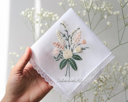 Embroidered Wedding Handkerchief – Custom Floral Hankie for Bride, Bridal Gift, Personalized with Name & Date, Gift for Bride