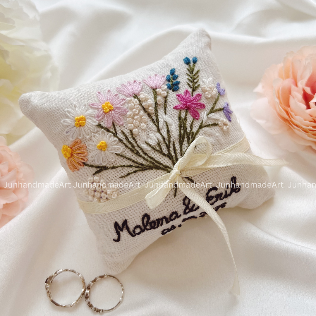 Colorful Wild Flowers Bearer Pillow Linen Wedding Cushion Hand Embroidery Ring Holder Floral Ring Pillow Wedding Gift