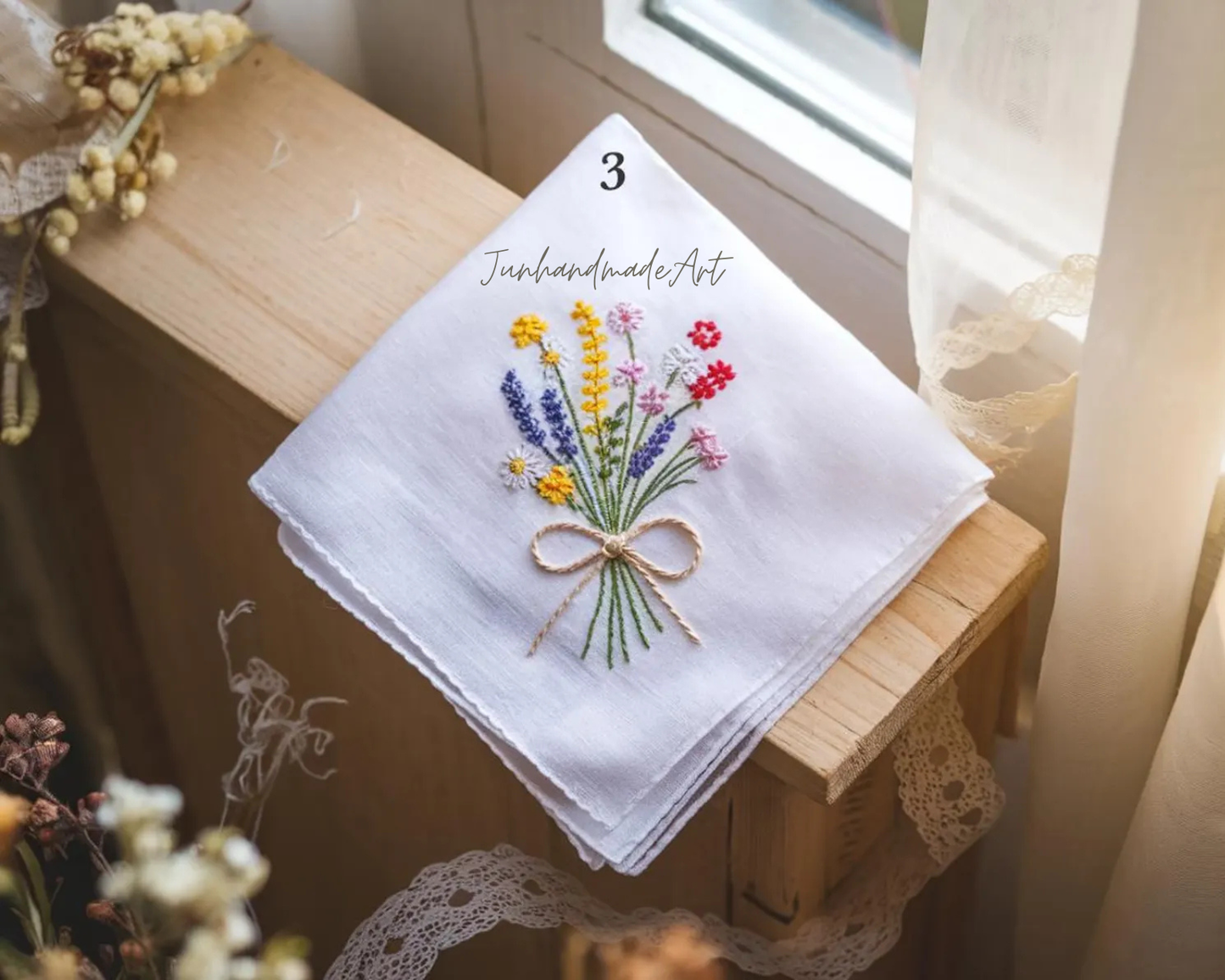 5 Options - Custom Name with bow Embroidered Handkerchief, Ladies Embroidery Handkerchief, Linen Handkerchiefs, Custom Floral Handkerchiefs