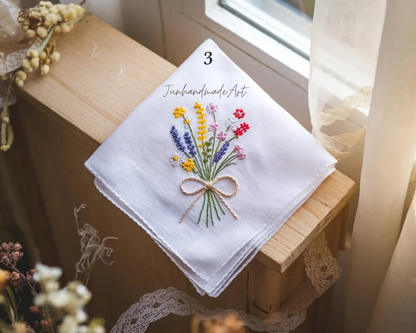 5 Options - Custom Name with bow Embroidered Handkerchief, Ladies Embroidery Handkerchief, Linen Handkerchiefs, Custom Floral Handkerchiefs