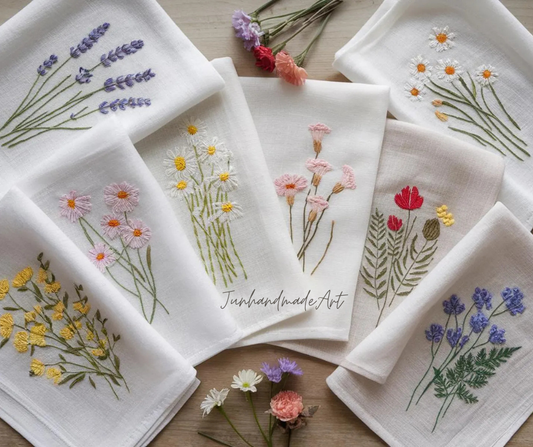 Embroidered Linen Napkins – Wildflower Bouquet Design | 100% Linen Cloth Napkins | Wedding, Housewarming, Mother's Day Gift