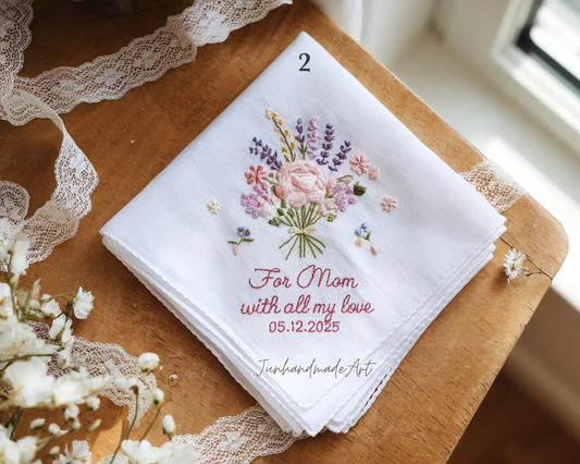 5 Options - Custom Name with bow Embroidered Handkerchief, Ladies Embroidery Handkerchief, Linen Handkerchiefs, Custom Floral Handkerchiefs