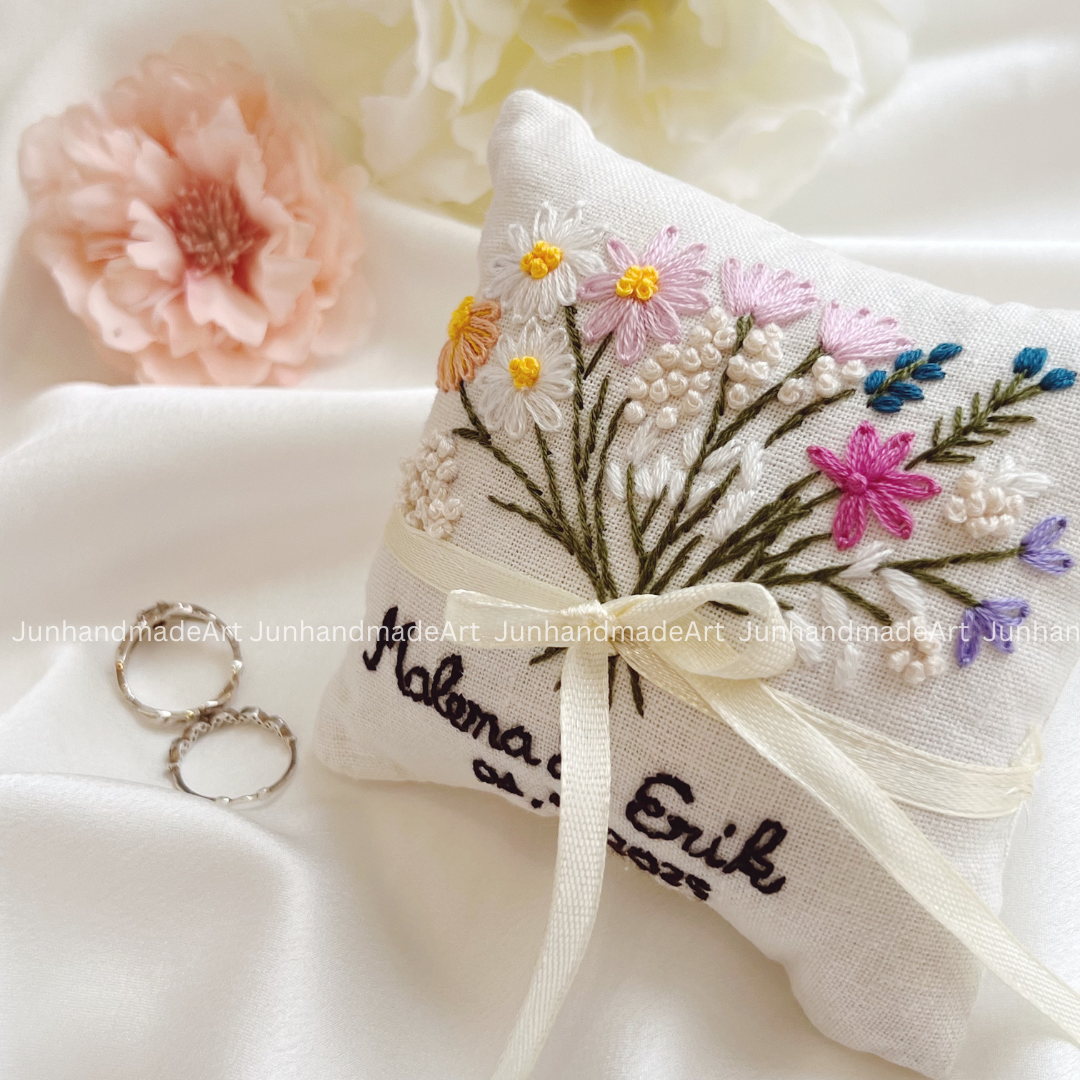 Colorful Wild Flowers Bearer Pillow Linen Wedding Cushion Hand Embroidery Ring Holder Floral Ring Pillow Wedding Gift