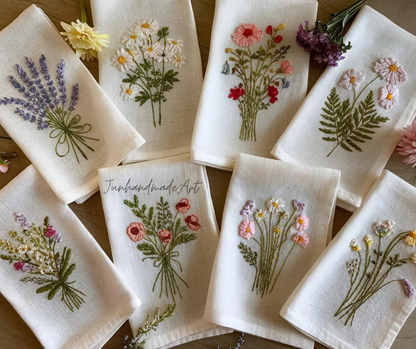 Embroidered Linen Napkins – Wildflower Bouquet Design | 100% Linen Cloth Napkins | Wedding, Housewarming, Mother's Day Gift