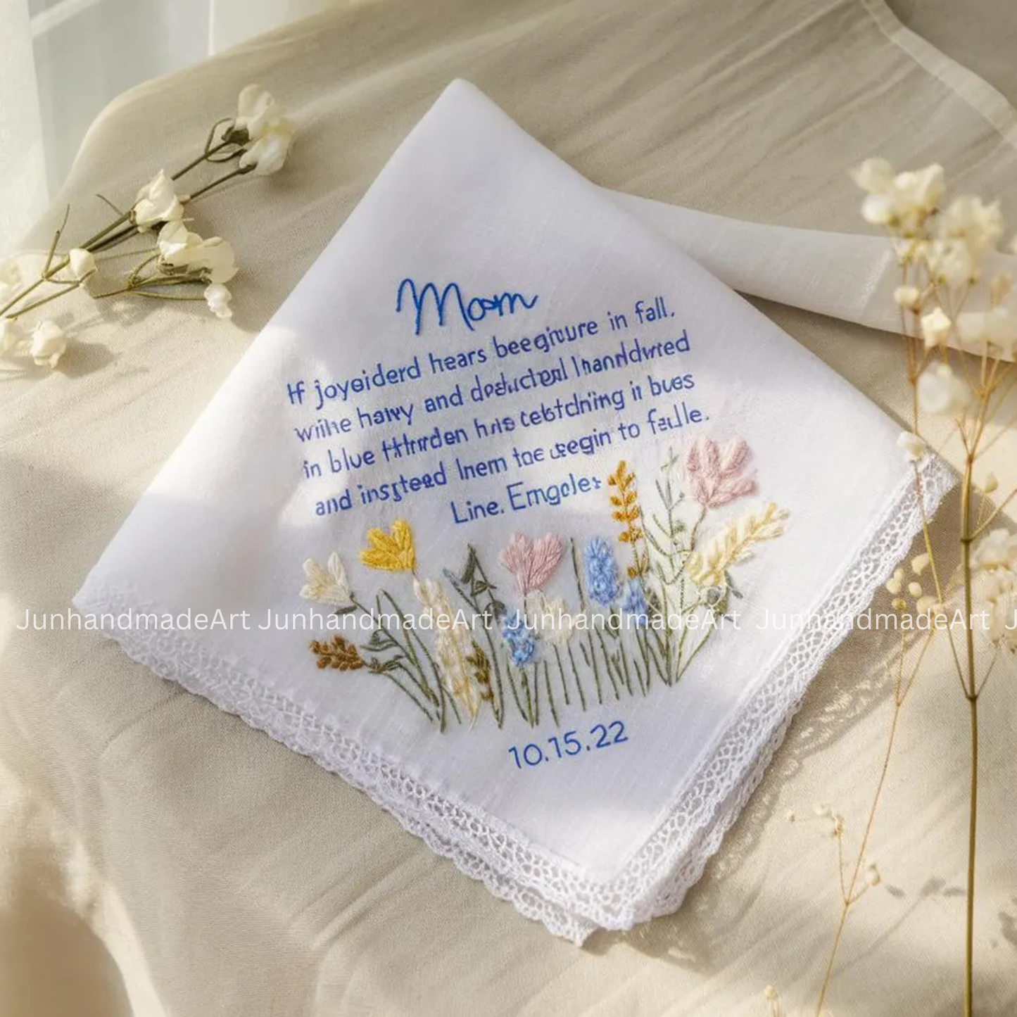 Personalized Wedding Handkerchief for Bride – Custom Embroidered Linen Hankie with Name, Date, or Quote – Bride Gift, Handmade Wedding Gift