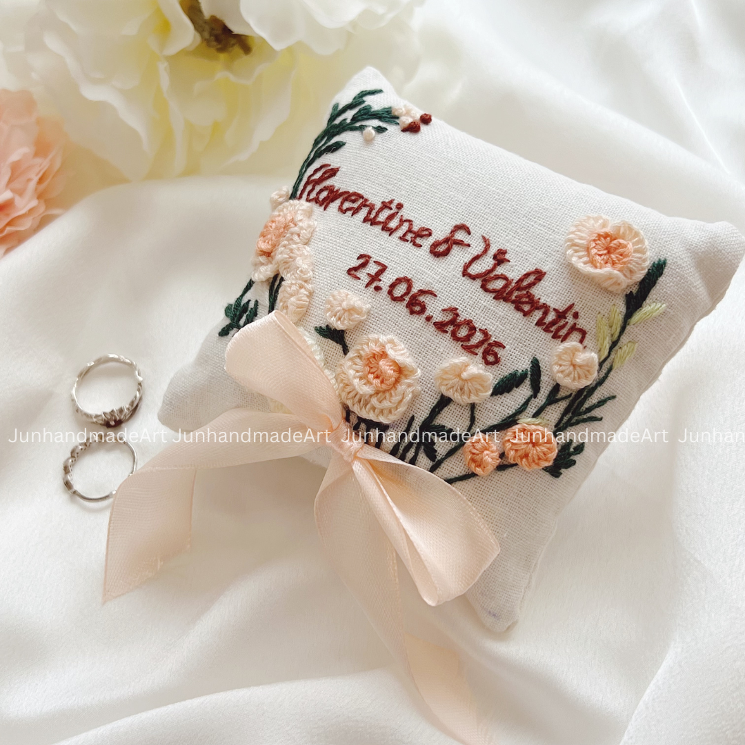 Pastel Pink Roses Bearer Pillow Linen Wedding Cushion Hand Embroidery Ring Holder Floral Ring Pillow Wedding Gift