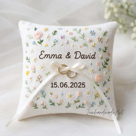 Personalized Embroidered Ring Bearer Pillow, Custom Linen Wedding Cushion, Hand Embroidery Ring Holder, Floral Ring Pillow, Wedding Gift