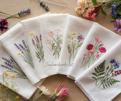 Embroidered Linen Napkins – Wildflower Bouquet Design | 100% Linen Cloth Napkins | Wedding, Housewarming, Mother's Day Gift