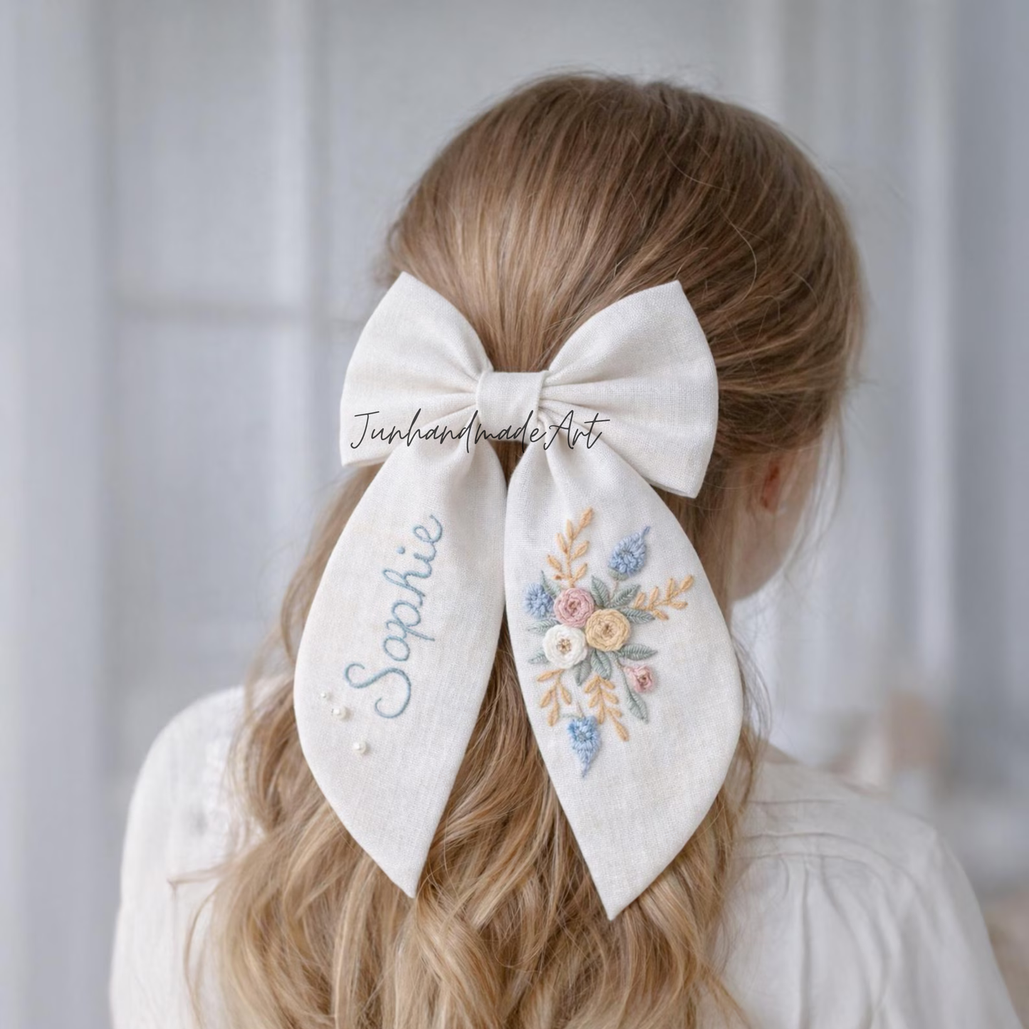 Personalized Linen Hair Bow – Hand Embroidered Flower Bow with Initial – Custom Name Text Bow for Girls, Handmade Hairpin Bow for Girl