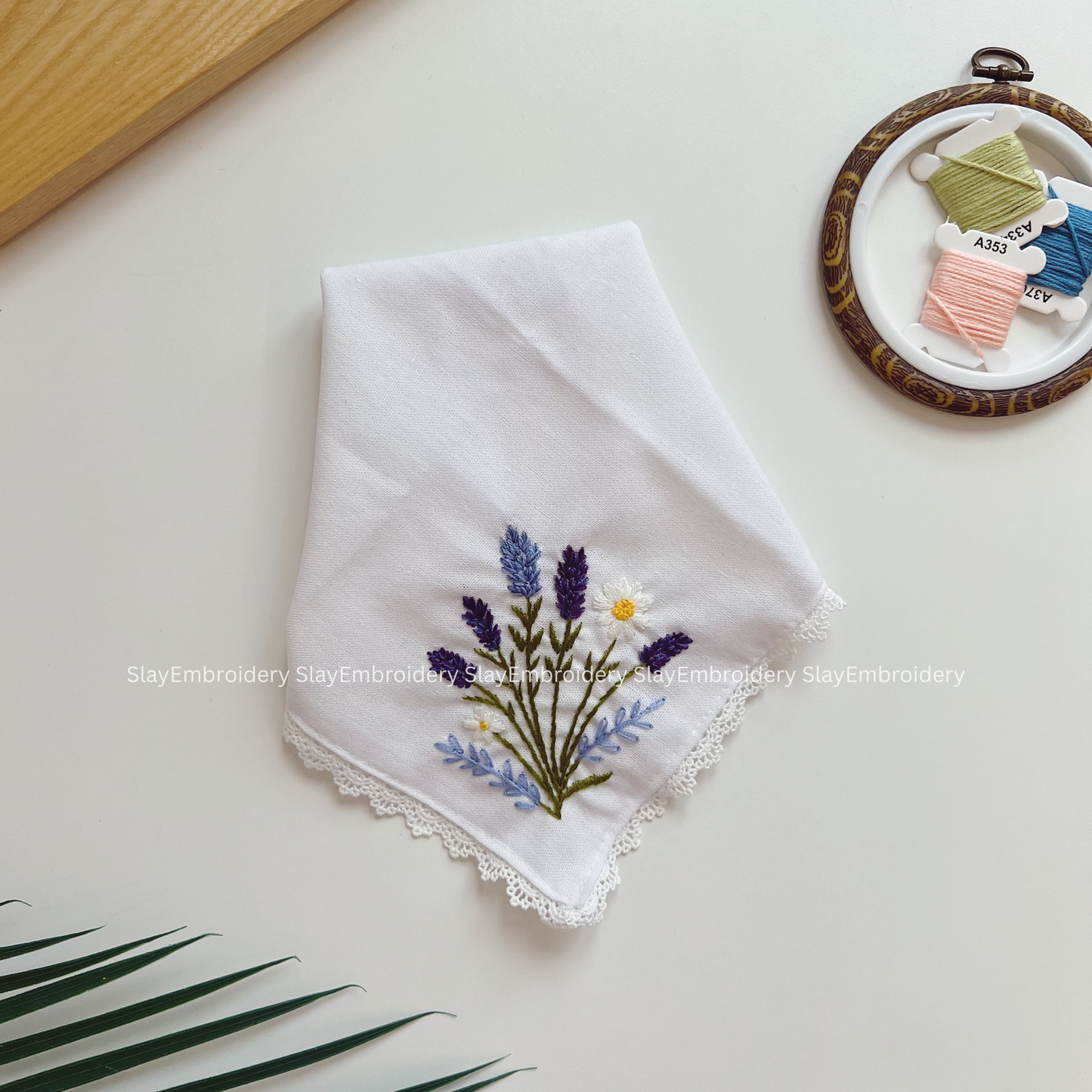 Lavender & Daisy Wedding Handkerchief, Custom Embroidered Handkerchief, Linen Handkerchiefs
