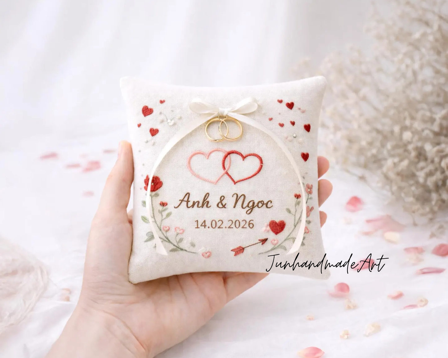 Personalized Valentine Ring Bearer Pillow – Embroidered Wedding Gift with Couple's Names & Date, Wedding Ring Pillow