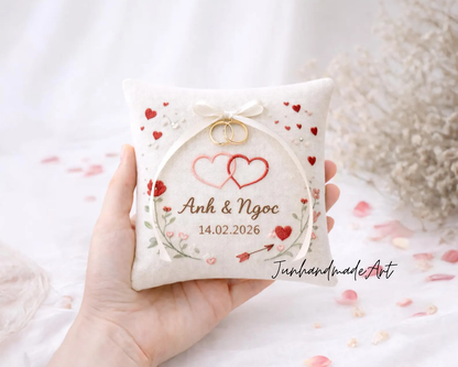 Personalized Valentine Ring Bearer Pillow – Embroidered Wedding Gift with Couple's Names & Date, Wedding Ring Pillow