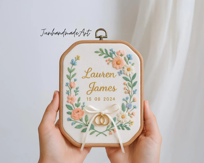 Custom Wedding Embroidery Hoop with Flowers and Names – Personalized Hand Embroidered Wildflowers Gift for Couple, Wedding Gift
