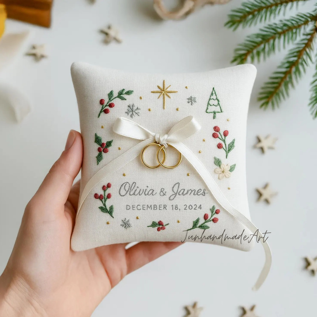 Personalized Embroidered Ring Bearer Pillow, Christmas Linen Wedding Cushion, Hand Embroidery Ring Holder Floral Ring Pillow, Christmas Gift