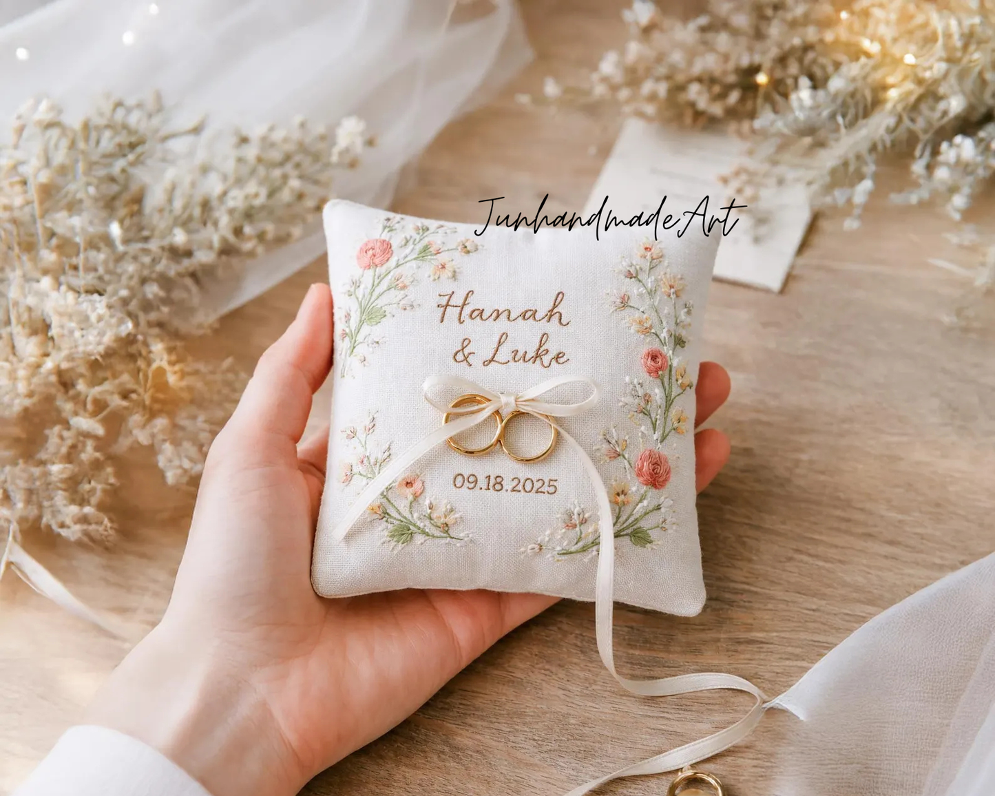 Personalized Valentine Ring Bearer Pillow – Embroidered Wedding Gift with Couple's Names & Date, Wedding Ring Pillow