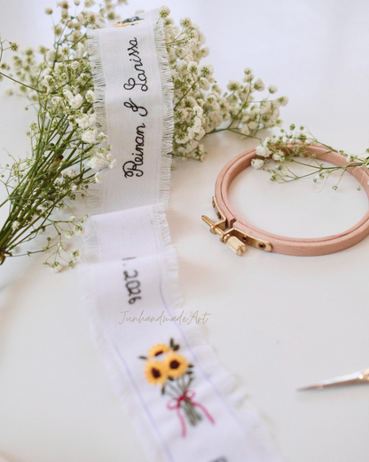 Personalized Embroidered Wedding Ribbon – Custom Linen Tie for Bouquet or Hair, Hand-stitched with Names & Date, Bridal Keepsake Gift